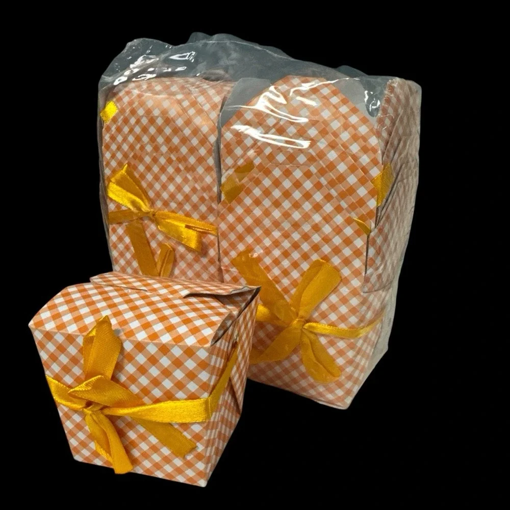 12 Mini Take‎ Out Boxes Gingham Orange White Check W/ Handle Goody Party Favor